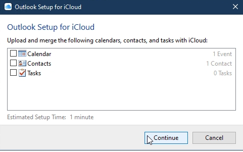 Synchronisation iCloud Outlook - Alle Elemente ab-/wählen